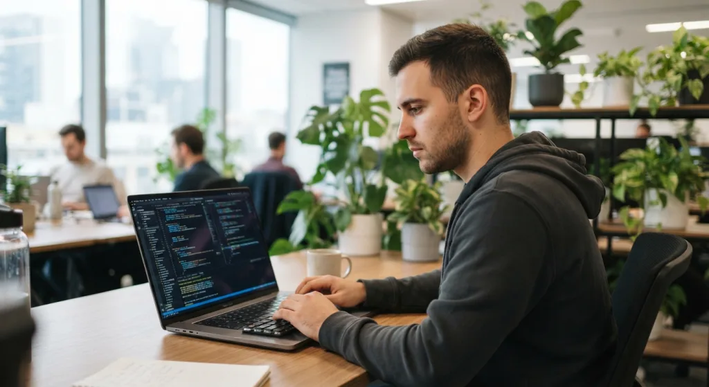 EB-1A для IT-специалиста из Армении: программист за ноутбуком с кодом на экране